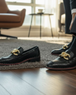 Carlo Black Designer Cuban Heel  Loafer With Golden Buckle - Image 3