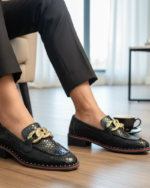 Carlo Black Designer Cuban Heel  Loafer With Golden Buckle - Image 6