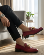 Charming Red Designer Loafer With Golden Buckle - Image 5