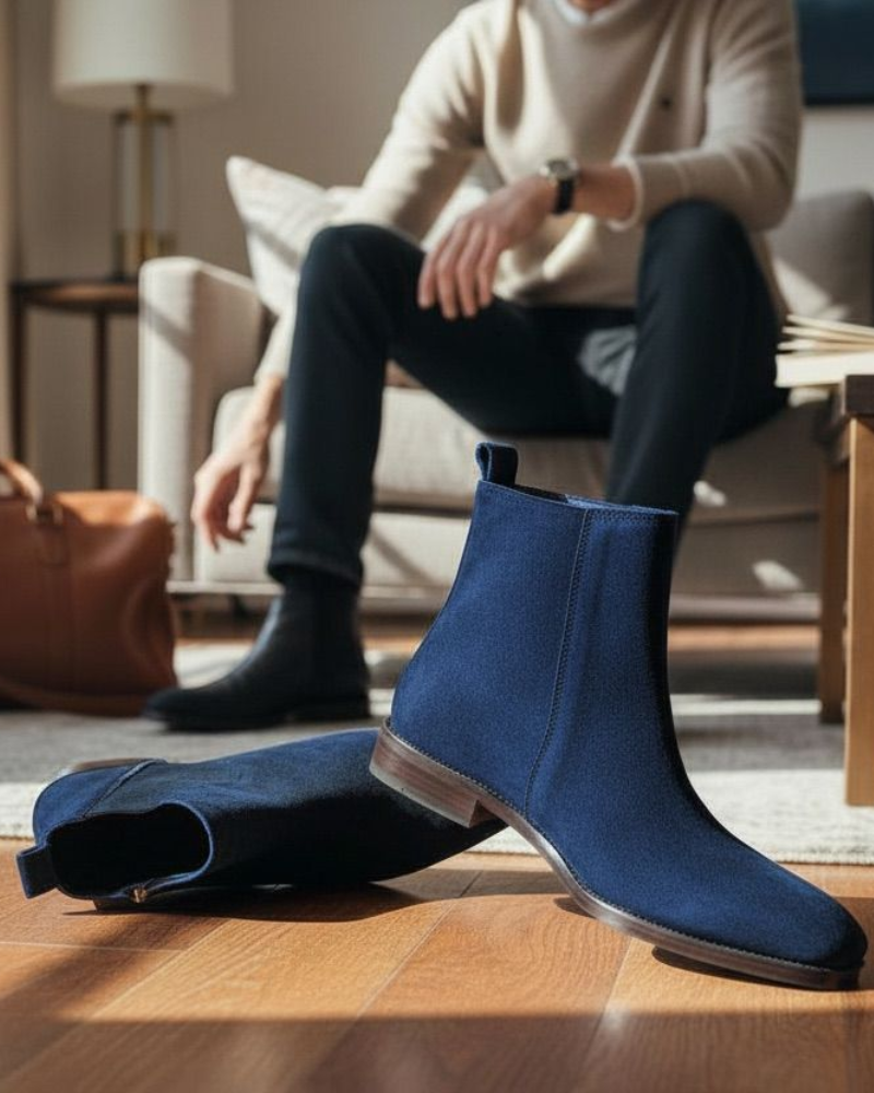 Untitled design - 2026-01-23T142258.018 Regal Blue Cuban Heel Suede Chelsea Boot - Image 1