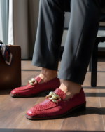 Charming Red Designer Loafer With Golden Buckle