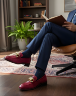 Charming Red Designer Loafer With Golden Buckle - Image 3