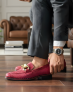 Charming Red Designer Loafer With Golden Buckle - Image 4