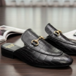 Black Crocko Pattern Mules With Buckle