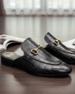 Black Crocko Pattern Mules With Buckle