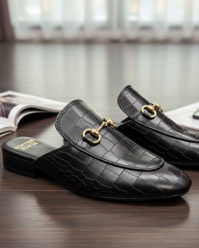 Untitled design - 2026-03-02T132351.391 Black Crocko Pattern Mules With Buckle - Image 1