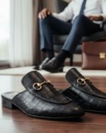 Black Crocko Pattern Mules With Buckle - Image 4