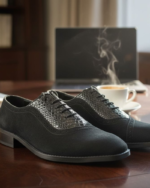 Black Nubuk Leather Designer Wholecut Shoes - Image 4